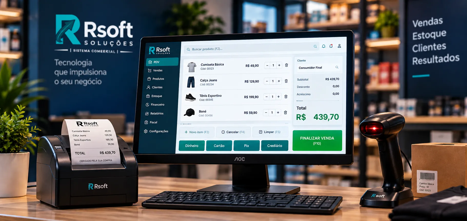 Frente de caixa com o PDV da Rsoft: monitor com a tela de venda, teclado e leitor de código de barras