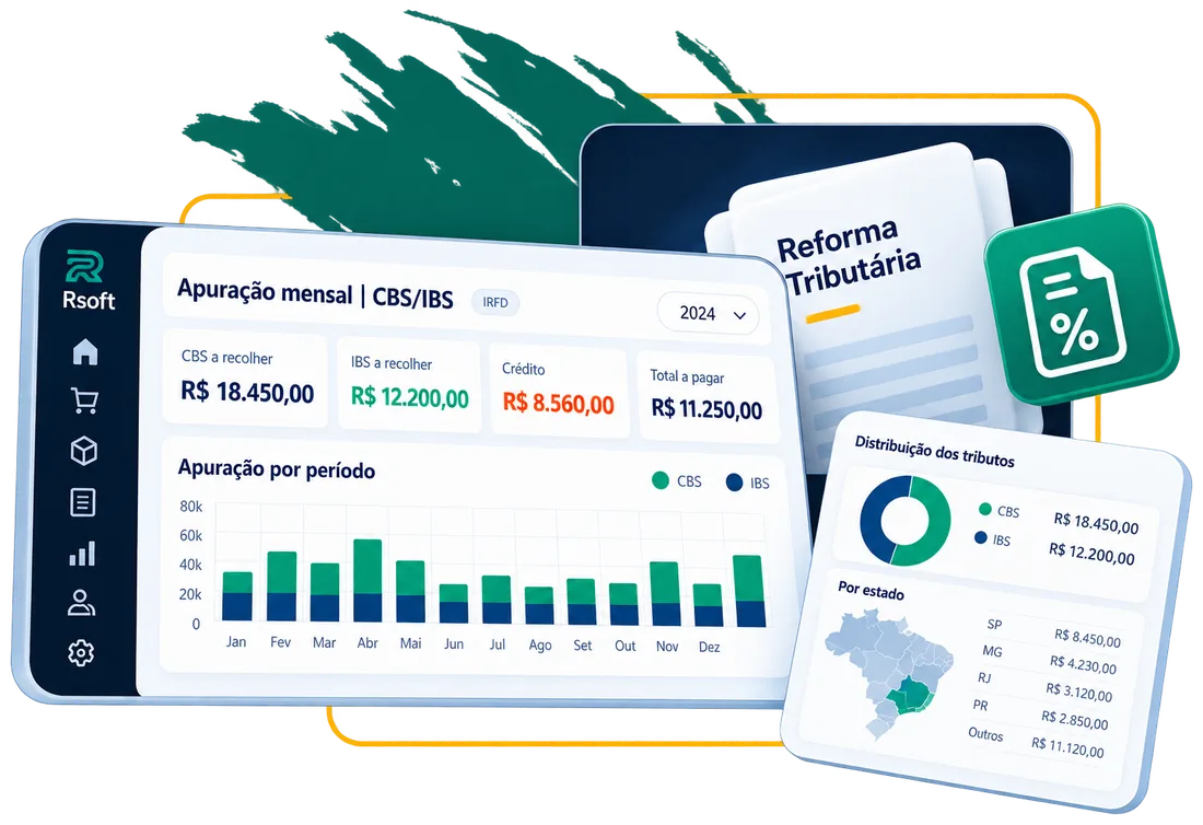 Painel de apuração mensal de CBS e IBS no sistema Rsoft, com valores a recolher, gráfico por período e distribuição por estado